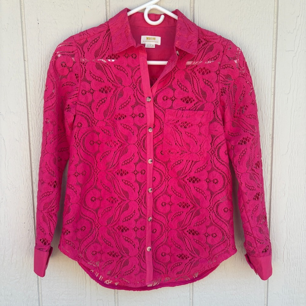 Maeve by Anthropologie Lace Button Down Shirt Women's 0 Hot Pink Floral Preppy